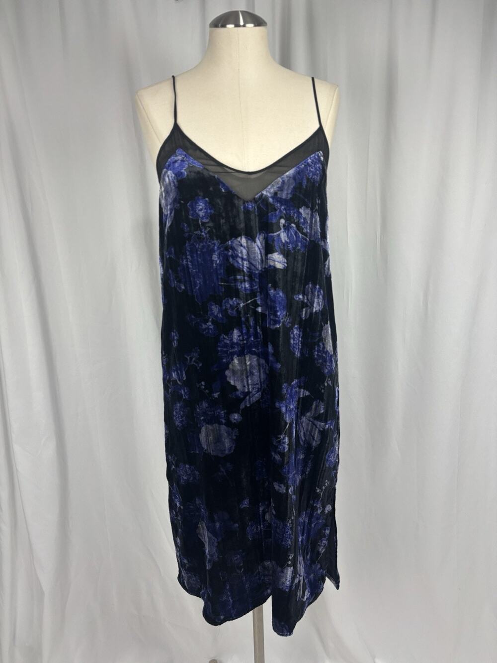 Lucky Brand Blue Black Floral Velvet Slip Dress Mesh Trim V-Neck Midi Sz XS